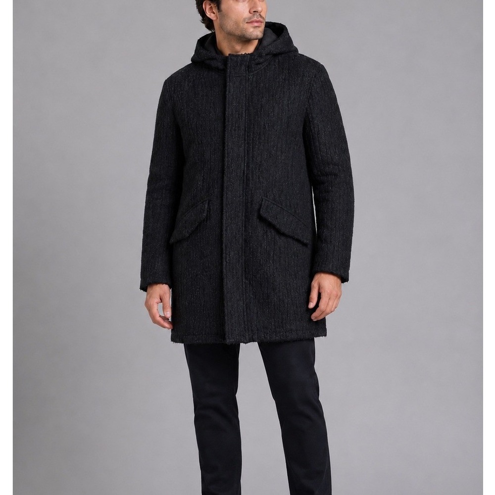 John Varvatos Hooded Parka Coat Mens 48 Gray Wool Blend Textured Longline Jacket